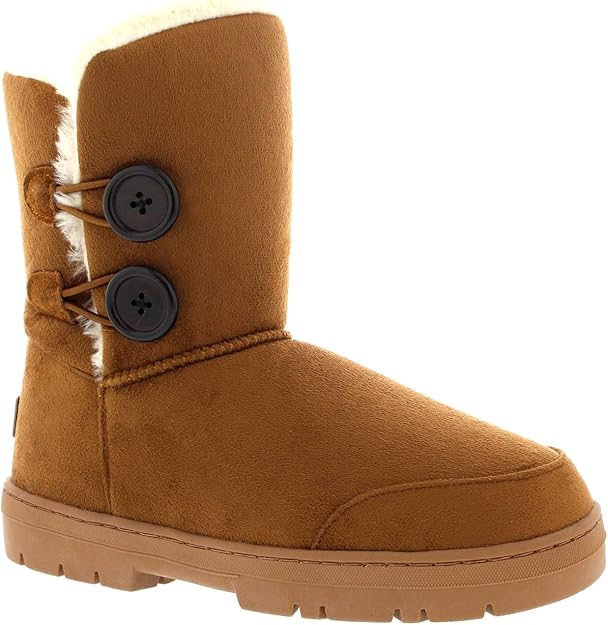 Women's Mid-Calf Snow Boots with Faux Fur Trim & Button Detail - Classic Chestnut Brown